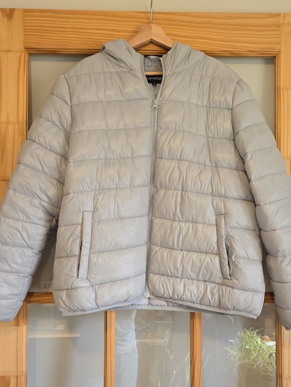 💥$5 Add-on George Light Gray Hooded Womens Puffer Jacket XL Silver Lavender